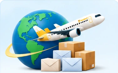 Aircraft, globe, parcels and document envelopes representing international shipping