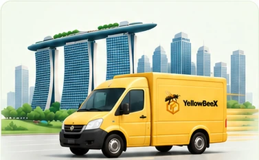 Yellow delivery van with the Singapore skyline